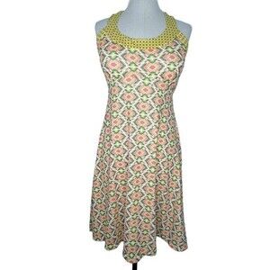 PrAna Cali Dress sz S * Green Pink Ikat Print Shelf Bra Racerback Cotton Flowy
